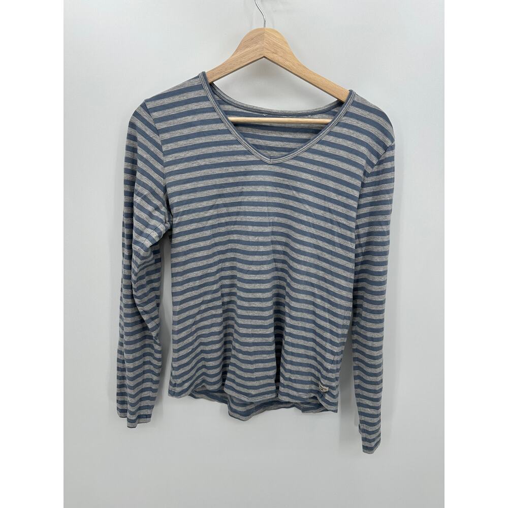 Toad & Co Women Long Sleeve Gray Blue Striped V Neck Cotton Shirt Size S/M BJ17